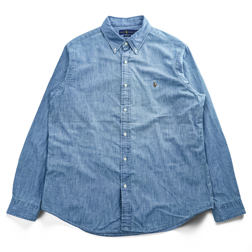 Ralph Lauren シャンブレー 長袖 ボタンダウンシャツ XL インディゴ CLASSIC FIT スモールポニー ロゴ 刺繍