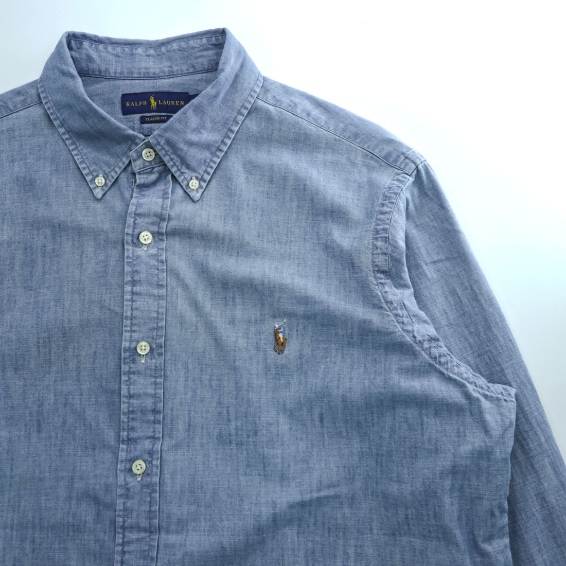 Ralph Lauren シャンブレー 長袖 ボタンダウンシャツ XL インディゴ CLASSIC FIT スモールポニー ロゴ 刺繍