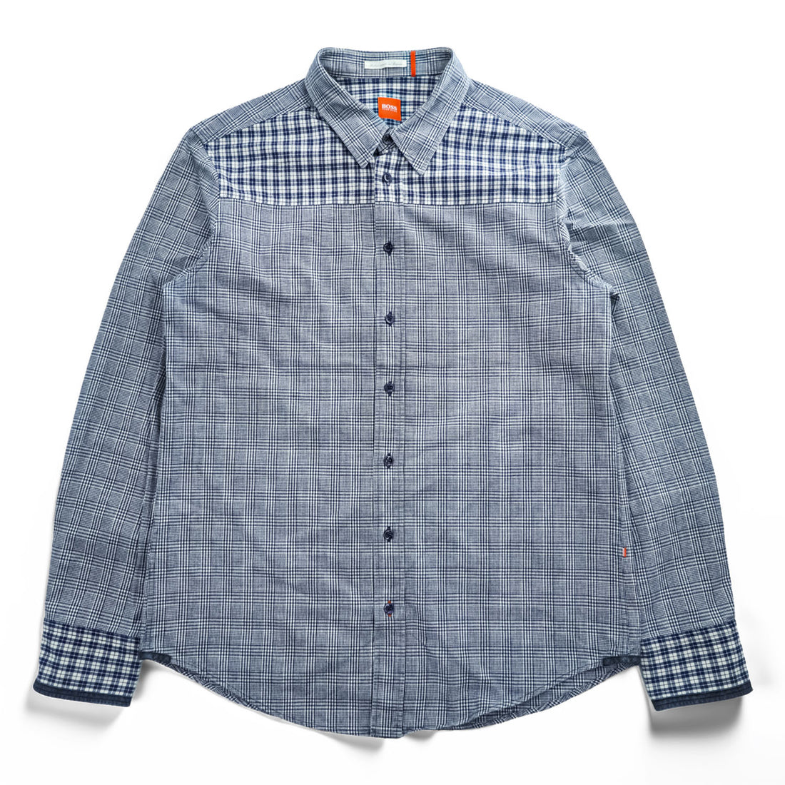 HUGO BOSS Long-Sleeve Shirt, Size XL, Blue, Checked, Polish-Made, Japanese-Made Fabric, Color Blocking