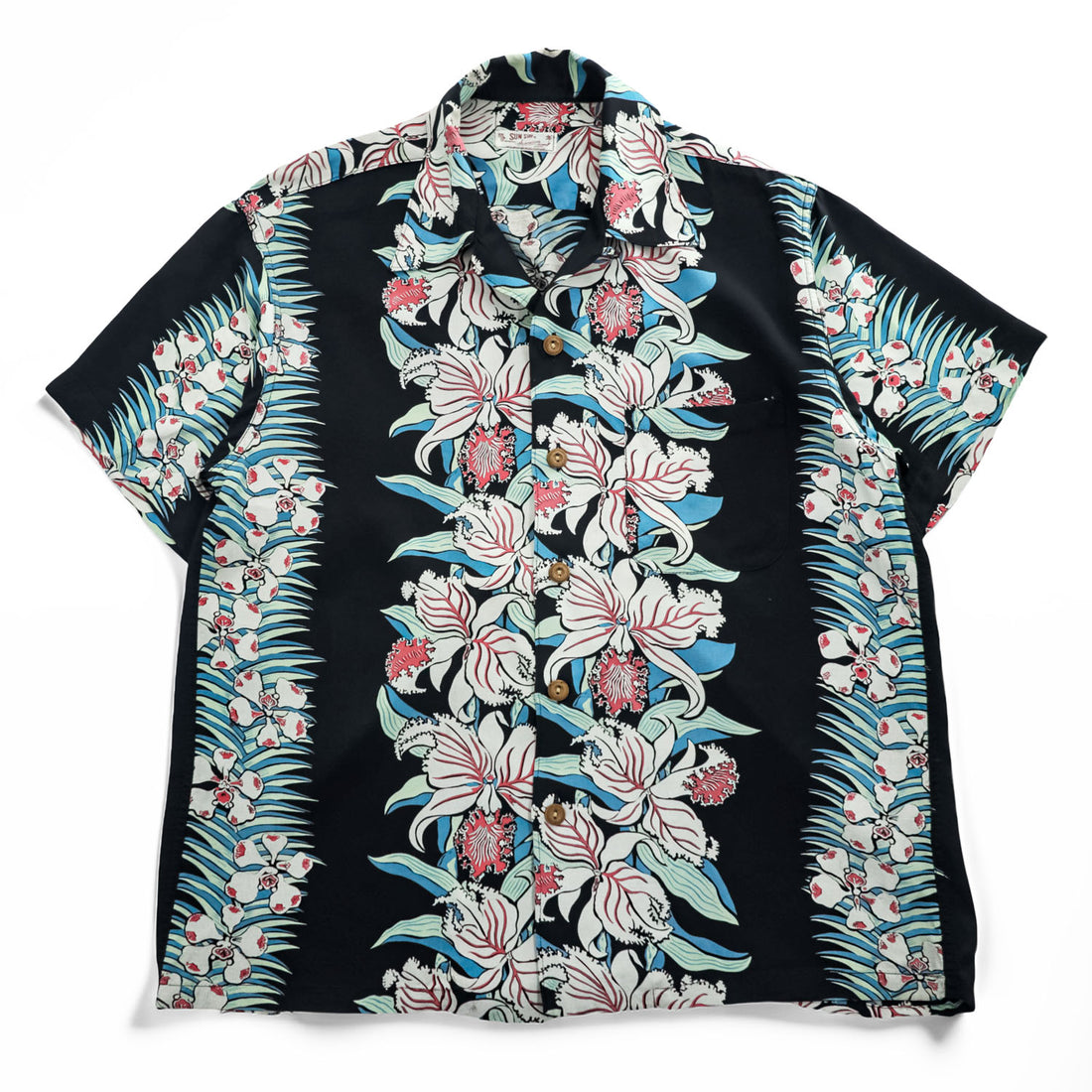 Sun Surf Flower Rayon Hawaiian Aloha Shirt Navy Border Pattern Japan