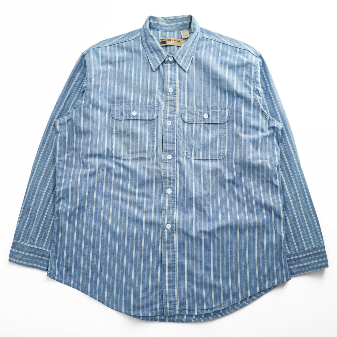 BIG MAC Vintage 90s USA Made Long Sleeve Work Shirt Blue Striped XL