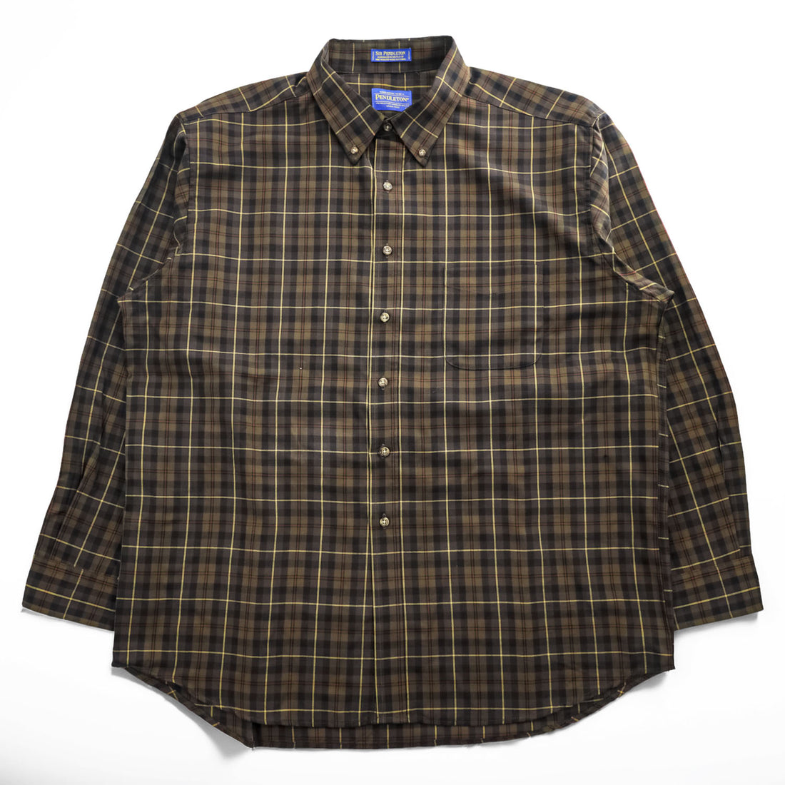 Sir Pendleton Plaid Wool Button Down Shirt Brown Khaki Yellow Check Made in Mexico USA Fabric