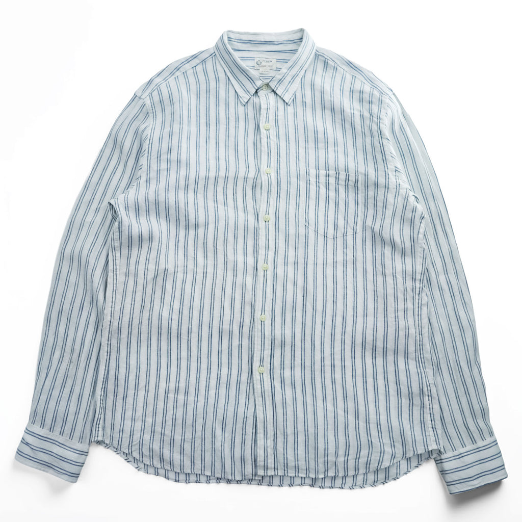 J.CREW 長袖 リネン ストライプシャツ XL ブルー ホワイト 麻100% 胸ポケット