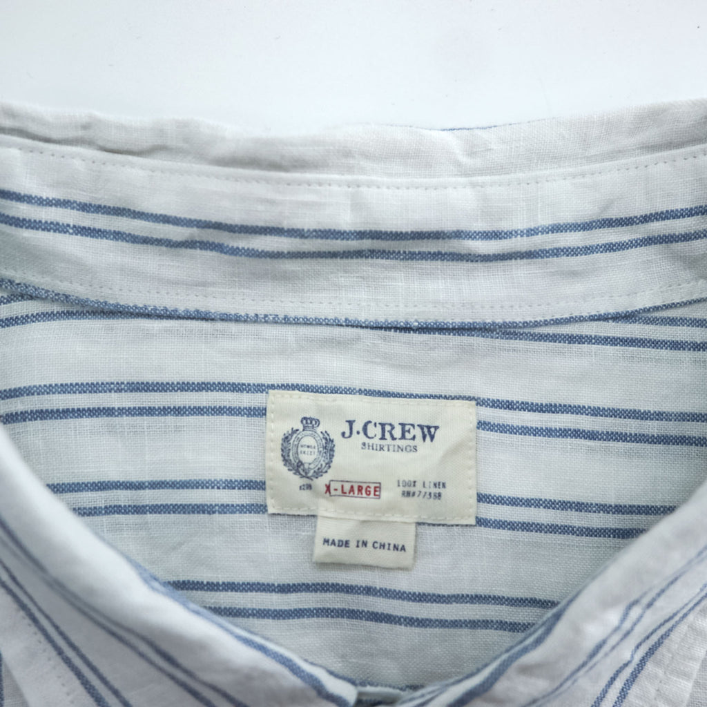 J.CREW 長袖 リネン ストライプシャツ XL ブルー ホワイト 麻100% 胸ポケット