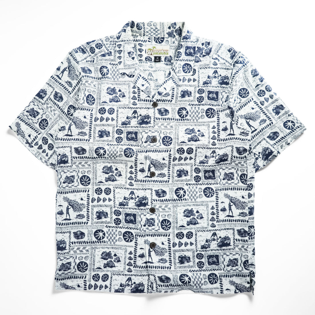 Patagonia Pataloha Limited Edition Opihi Man Shirt White Blue Hemp Blend Aloha Shirt XS SP18 Style 52550