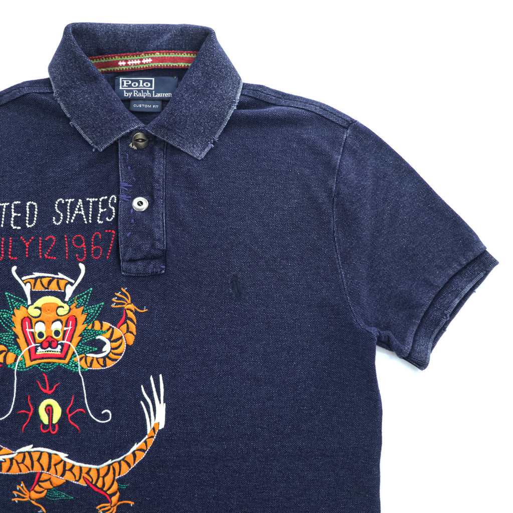 Polo Ralph Lauren 90年代 ヴィンテージ加工 鹿の子 ポロシャツ CUSTOM FIT インディゴ 刺繍 龍 漢字
