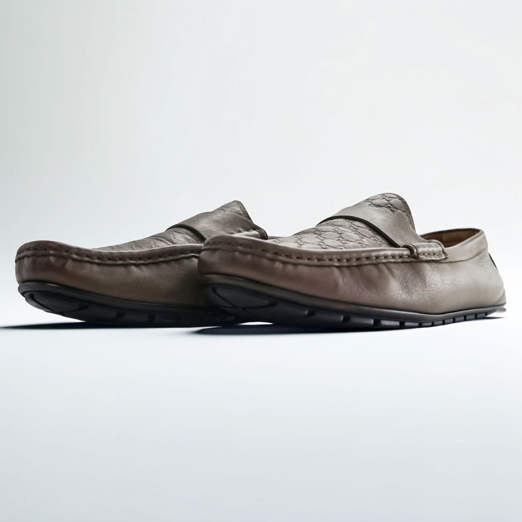 Gucci 466904 Micro Guccissima GG Embossed Leather Driving Loafers Brown Mens UK7 US8 Italy