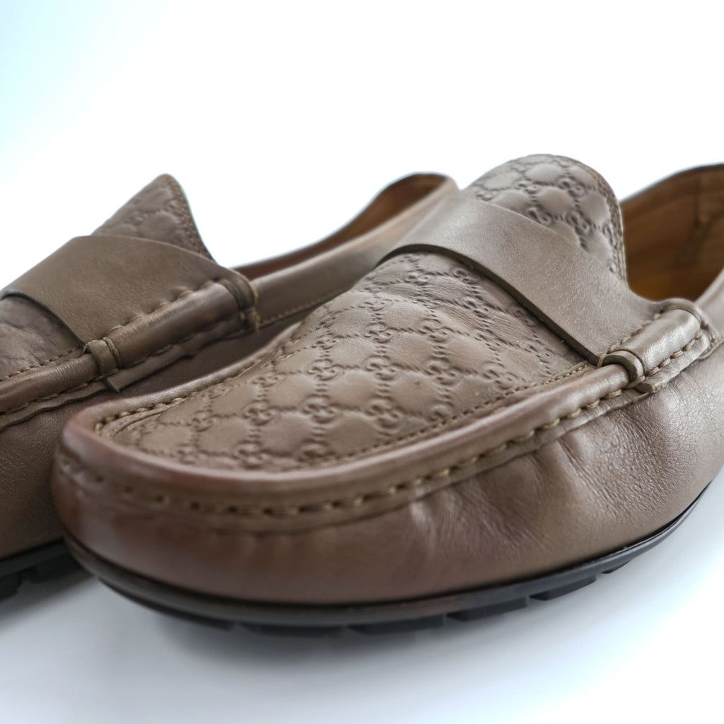 Gucci 466904 Micro Guccissima GG Embossed Leather Driving Loafers Brown Mens UK7 US8 Italy