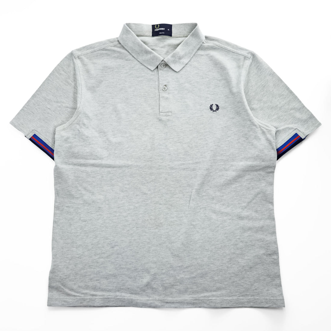 Fred Perry Slim Fit Grey Polo Shirt XL Laurel Logo Blue Red Sleeve Stripe Cotton Pique