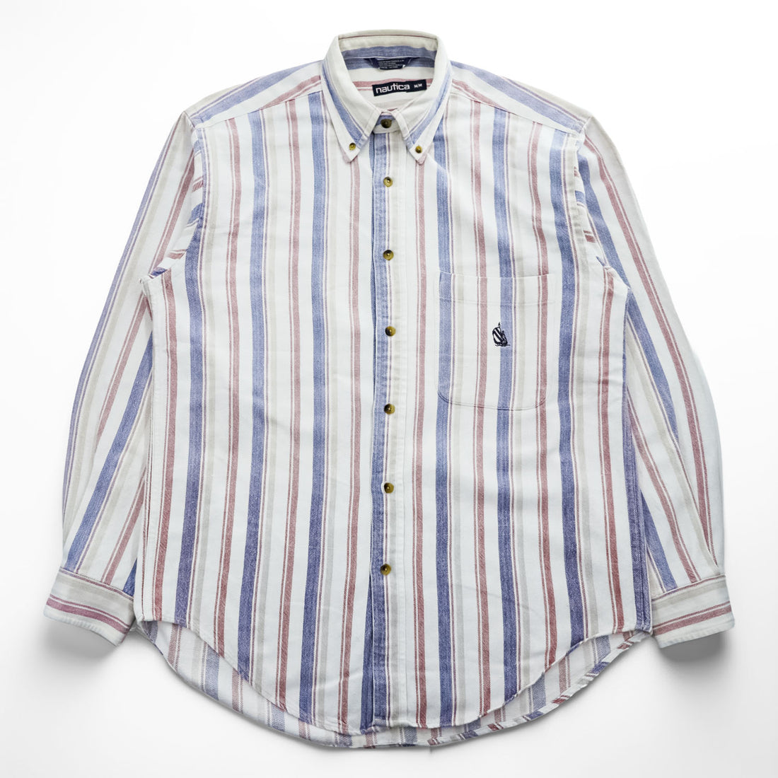 Vintage 90s Nautica Striped Button Down Shirt White Blue Red Long Sleeve Cotton Made in India Mens M