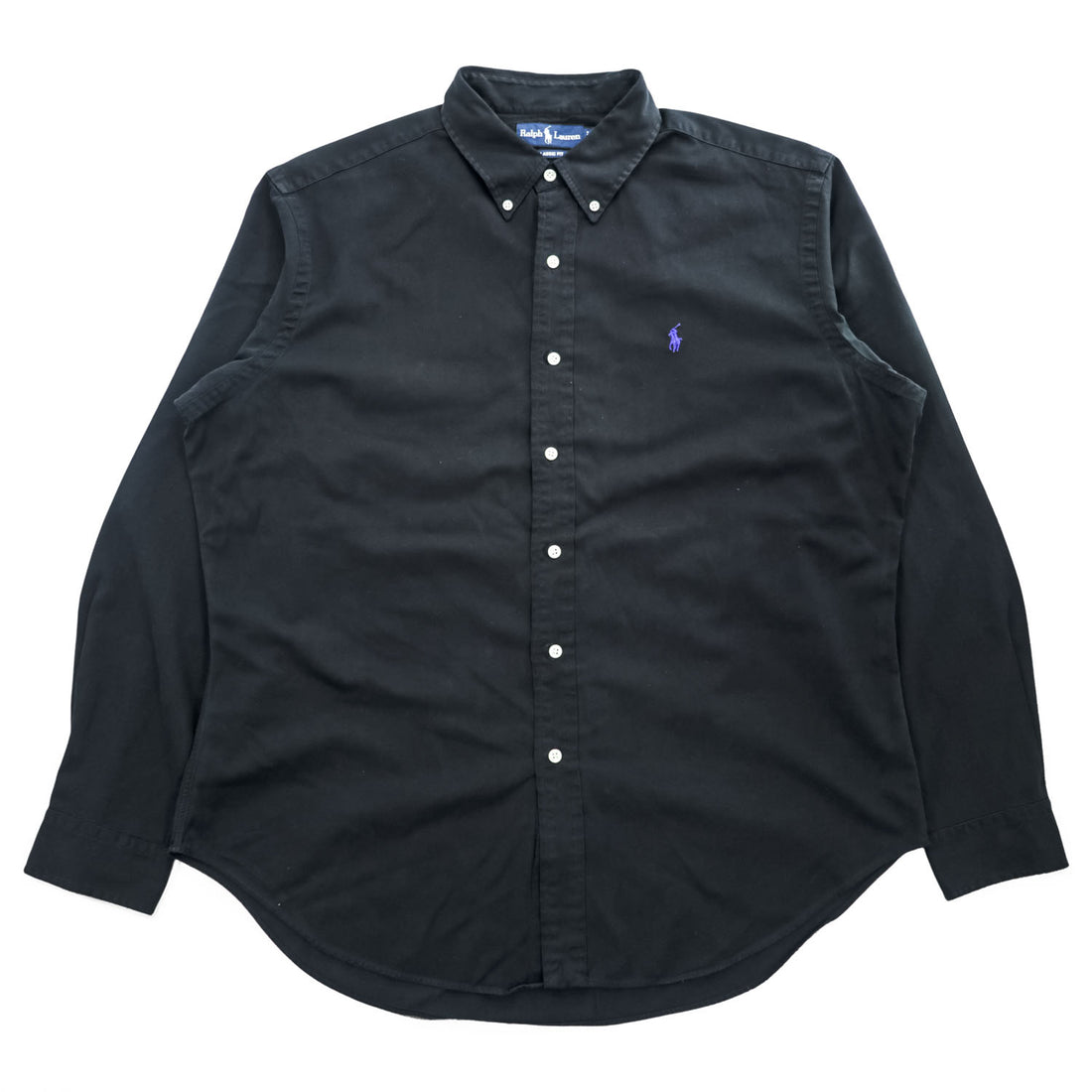 Ralph Lauren 90s Vintage Long-Sleeve Button-Down Shirt, XL, Black, Small Pony Logo Embroidery, Classic Fit, Silk Blend