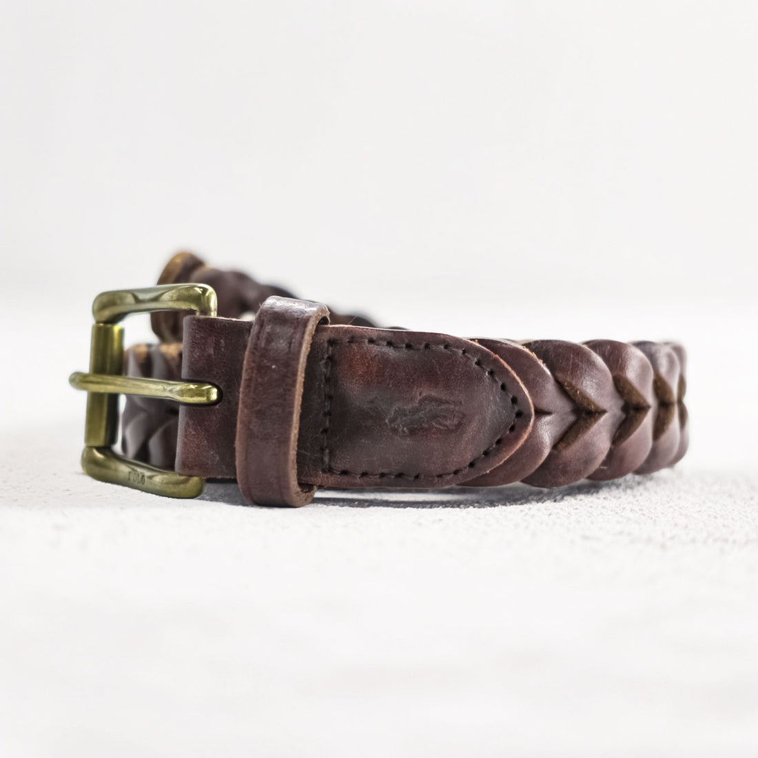 Polo Ralph Lauren レザー ベルト ブラウン イントレチャート 編み込み ゴールド バックル