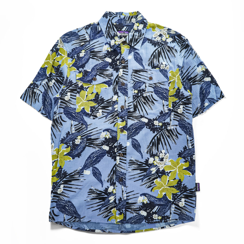 Patagonia ステアーズマンシャツ アロハシャツ 半袖オーガニックコットンシャツ S ブルー 総柄 STY52931SP17