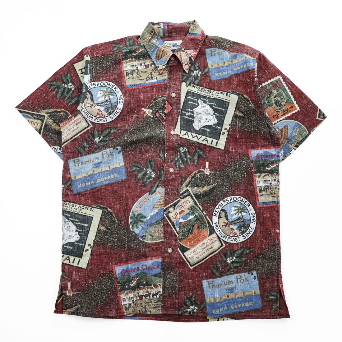 Reyn Spooner Hawaiian Traditionals Kona Coffee Print Aloha Shirt Burgundy Brown Cotton Poly Button Down