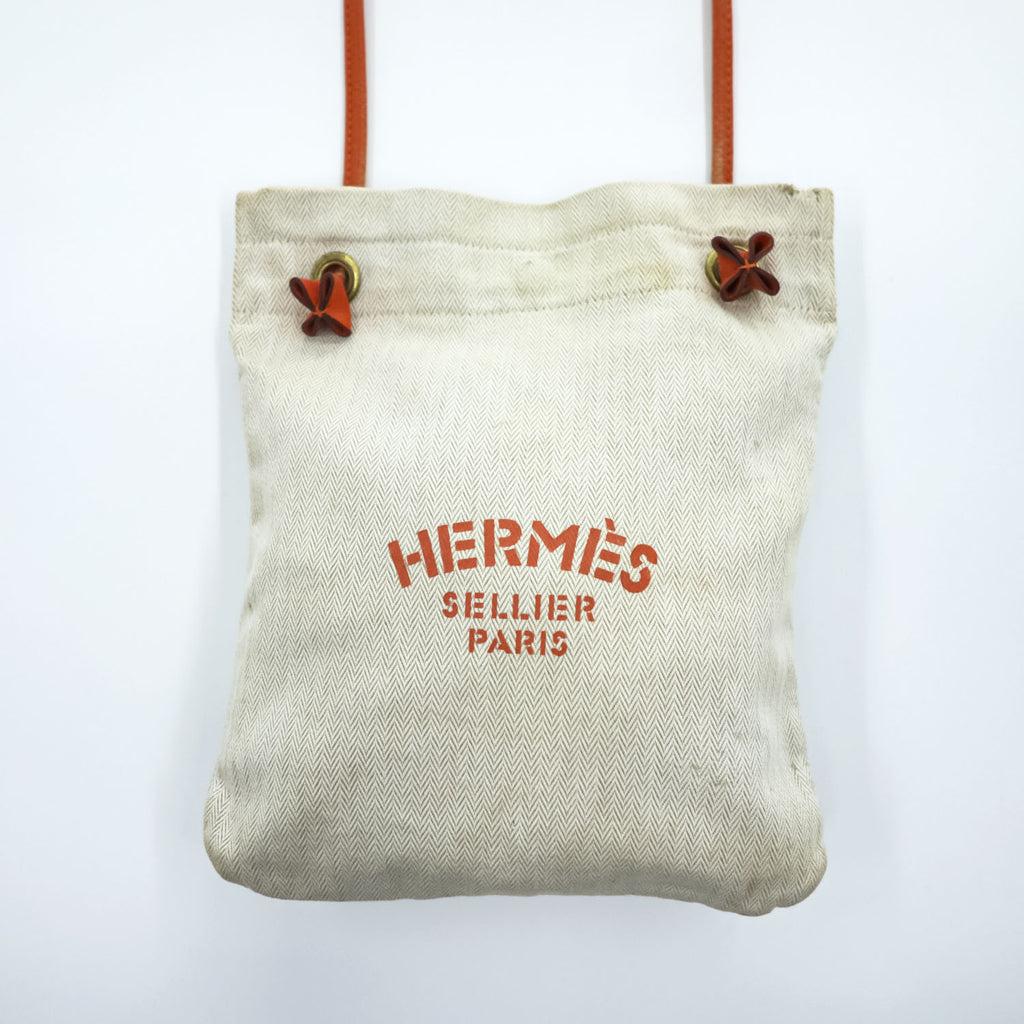 Hermes Aline PM Canvas Leather Shoulder Bag Toile Chevron Ivory Orange Sellier Paris France