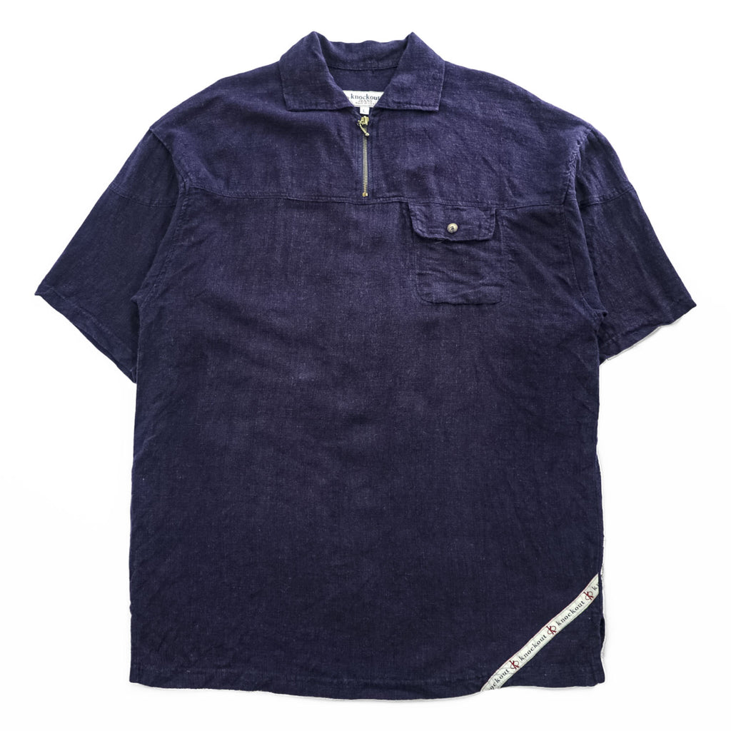 90年代 USA製 ヴィンテージ ハーフジップ ビッグプルオーバー 半袖シャツ L ネイビー KNOCKOUT JEANS