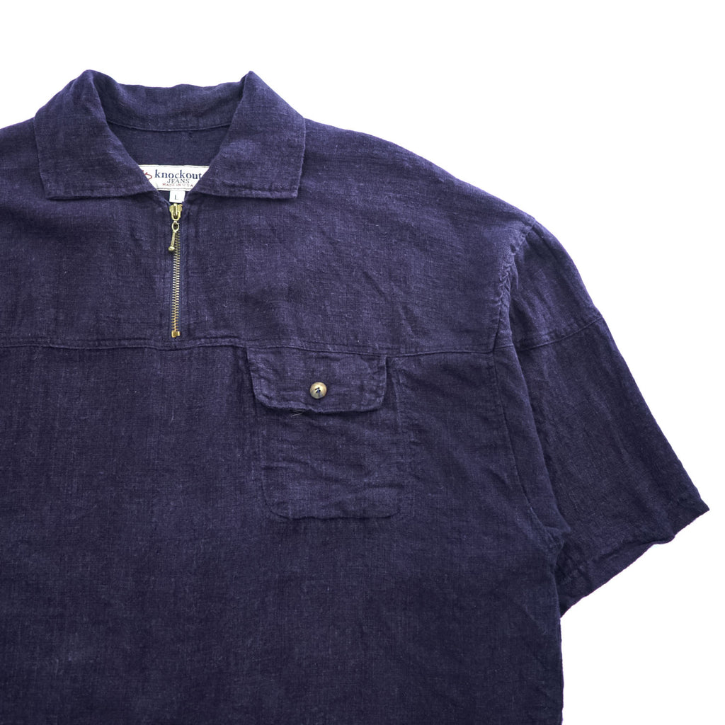 90年代 USA製 ヴィンテージ ハーフジップ ビッグプルオーバー 半袖シャツ L ネイビー KNOCKOUT JEANS