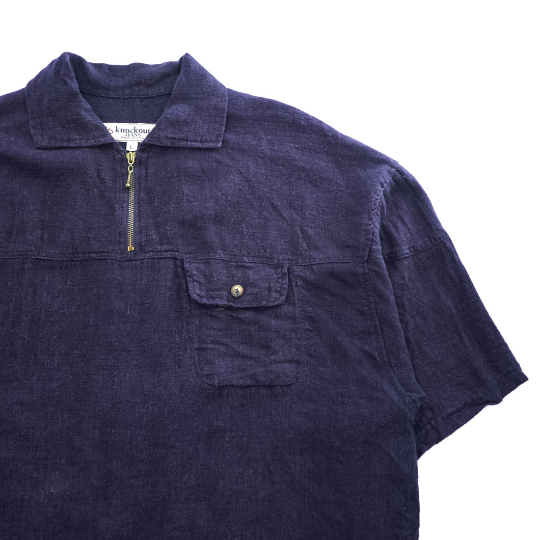 90年代 USA製 ヴィンテージ ハーフジップ ビッグプルオーバー 半袖シャツ L ネイビー KNOCKOUT JEANS