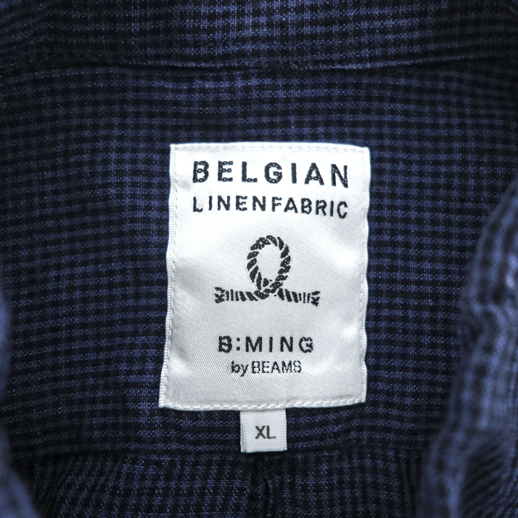 BELGIAN LINEN FABRIC 半袖 ベルギーリネンシャツ XL 麻100% チェック ボタンダウン B:MING LIFE STORE by BEAMS 92-01-0090-277 19S-BB253