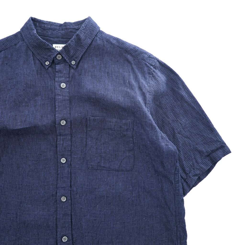 BELGIAN LINEN FABRIC 半袖 ベルギーリネンシャツ XL 麻100% チェック ボタンダウン B:MING LIFE STORE by BEAMS 92-01-0090-277 19S-BB253