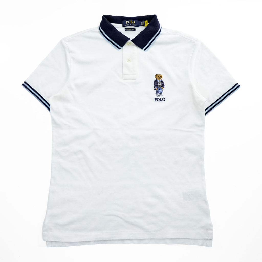 Polo Ralph Lauren Polo Bear Polo Shirt, Size S, White, One-Point Logo, Custom Slim Fit, Ribbed Line, Piqué Knit