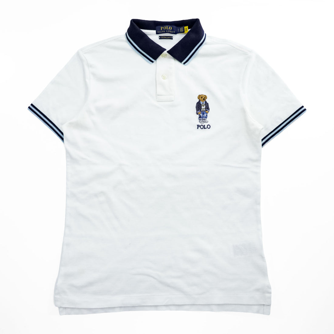 Polo Ralph Lauren ポロベア ポロシャツ S ホワイト CUSTOM SLIM FIT リブライン 鹿の子