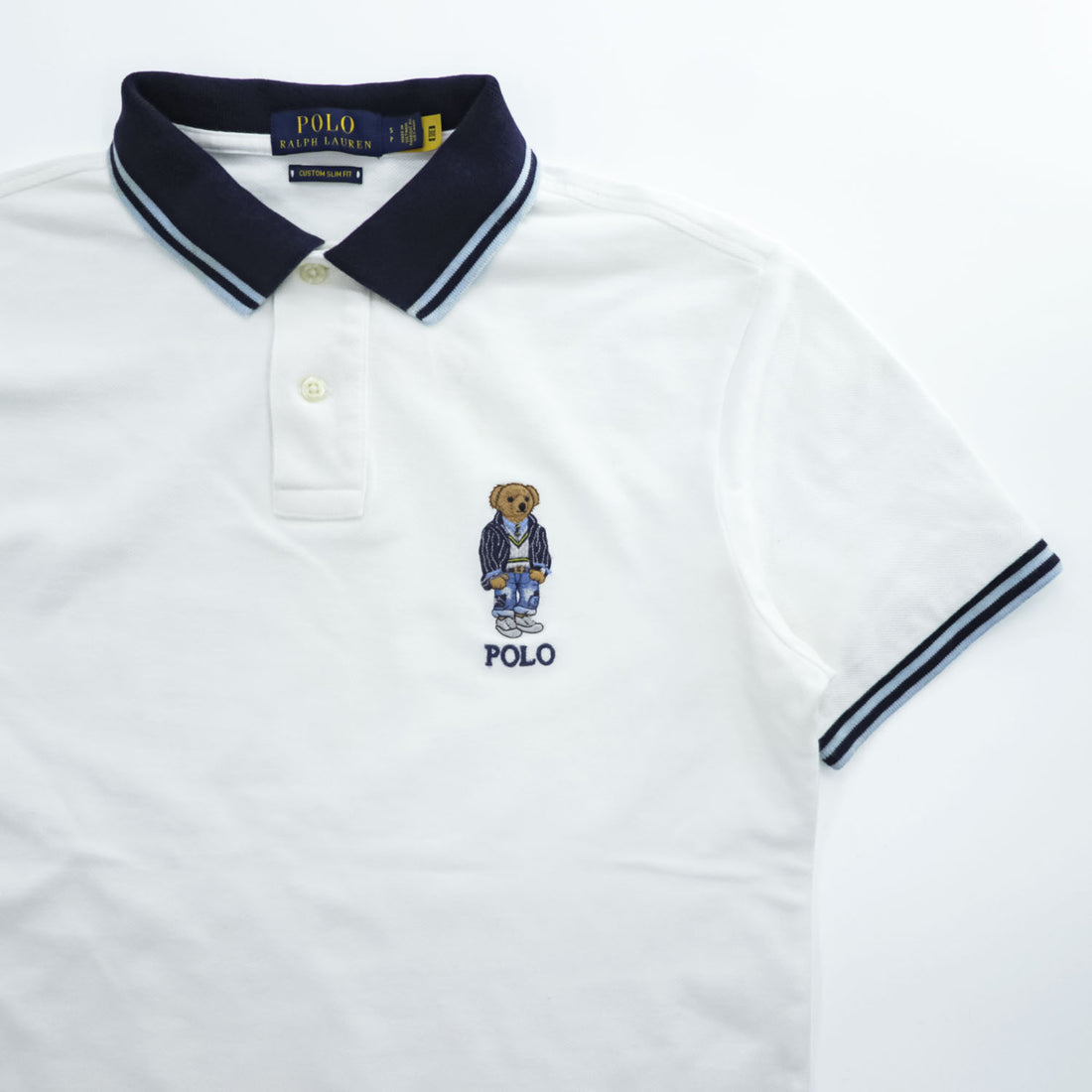 Polo Ralph Lauren Polo Bear Polo Shirt, Size S, White, One-Point Logo, Custom Slim Fit, Ribbed Line, Piqué Knit