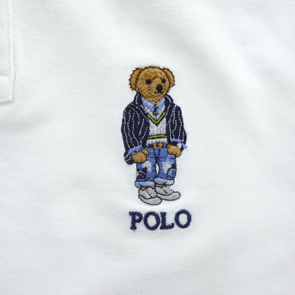 Polo Ralph Lauren Polo Bear Polo Shirt, Size S, White, One-Point Logo, Custom Slim Fit, Ribbed Line, Piqué Knit