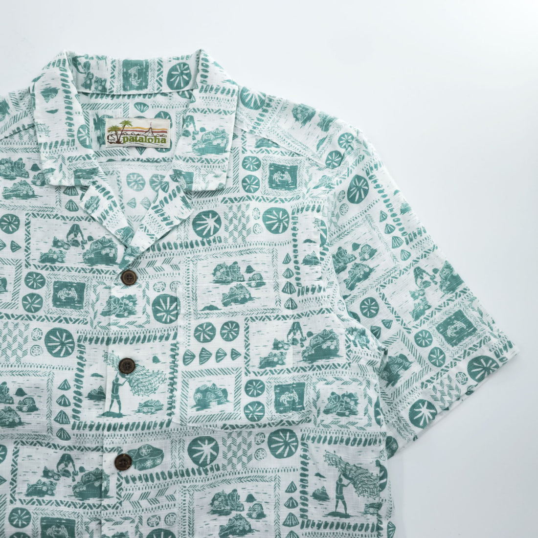 Patagonia パタロハ pataloha オープンカラー 開襟 ヘンプ アロハシャツ Limited Edition グリーン ホワイト 総柄 ココナツボタン 52550