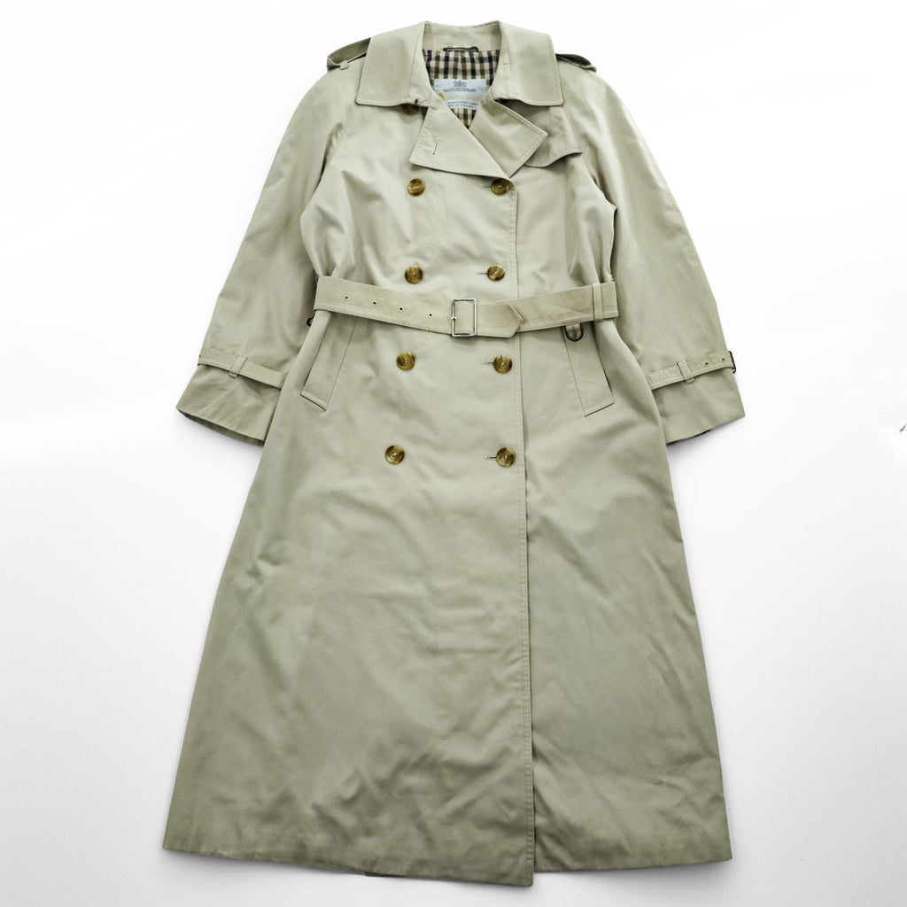 70s Vintage Aquascutum Aqua 5 Made in England Beige Double Breasted Trench Coat Club Check Lining Belted