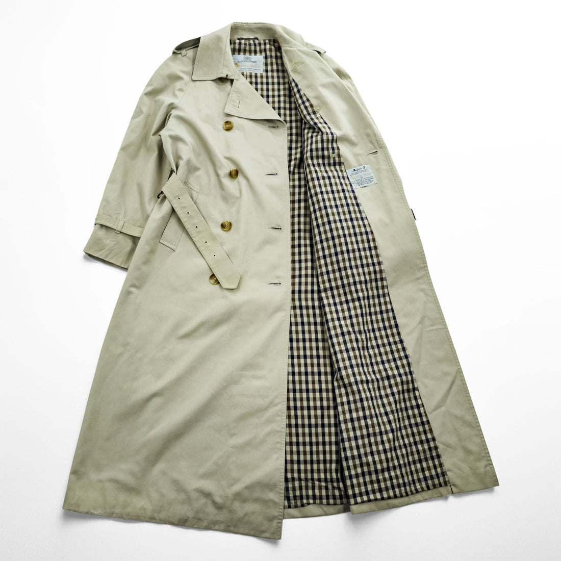 70s Vintage Aquascutum Aqua 5 Made in England Beige Double Breasted Trench Coat Club Check Lining Belted