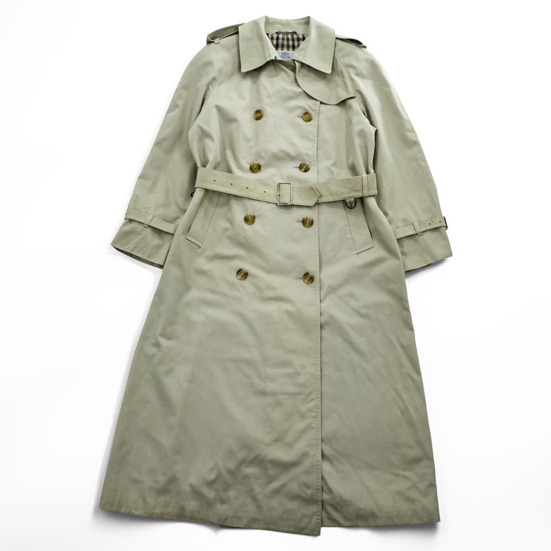 70s Vintage Aquascutum Aqua 5 Made in England Beige Double Breasted Trench Coat Club Check Lining Belted