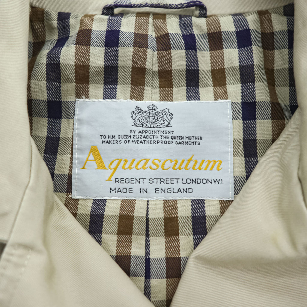 70s Vintage Aquascutum Aqua 5 Made in England Beige Double Breasted Trench Coat Club Check Lining Belted