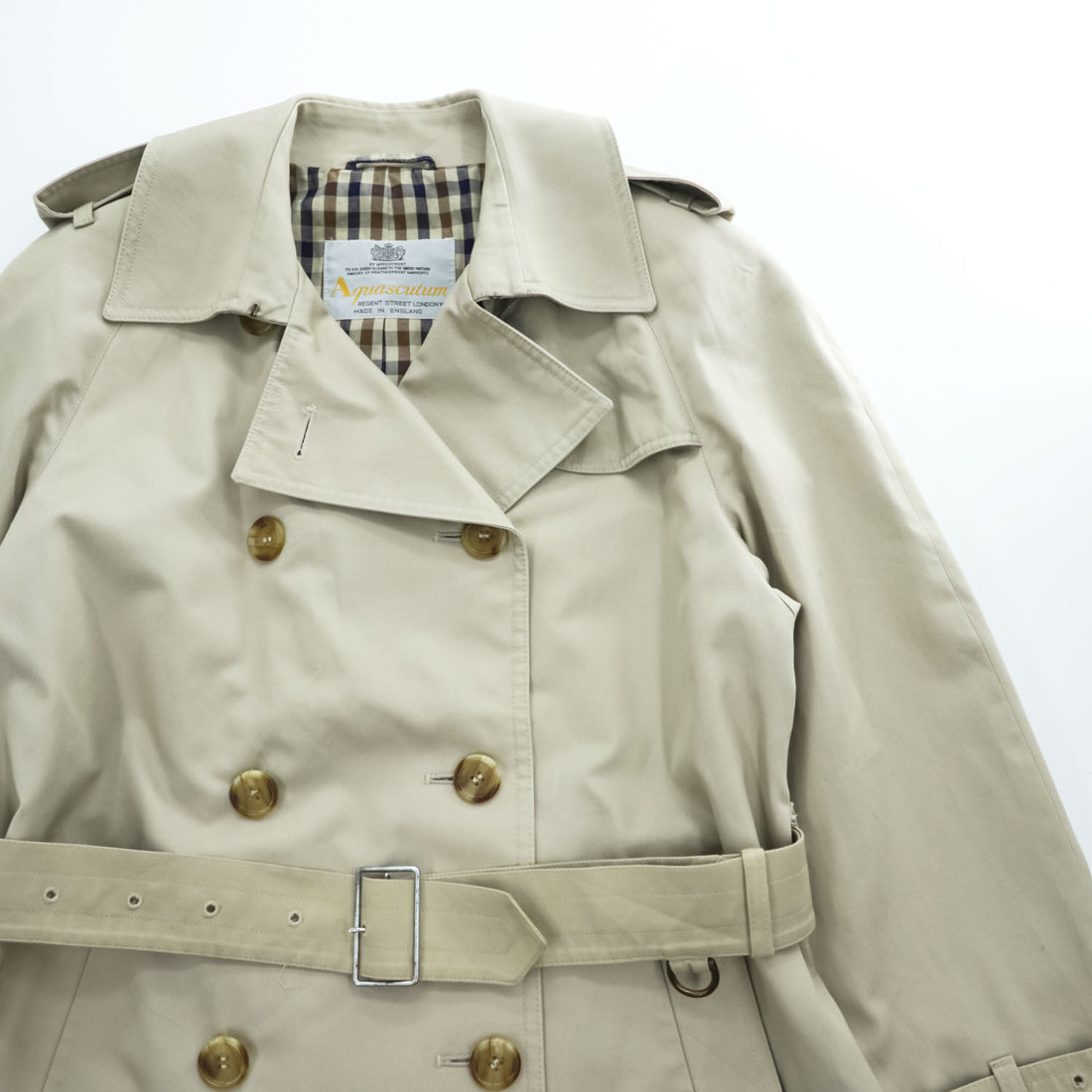 70s Vintage Aquascutum Aqua 5 Made in England Beige Double Breasted Trench Coat Club Check Lining Belted