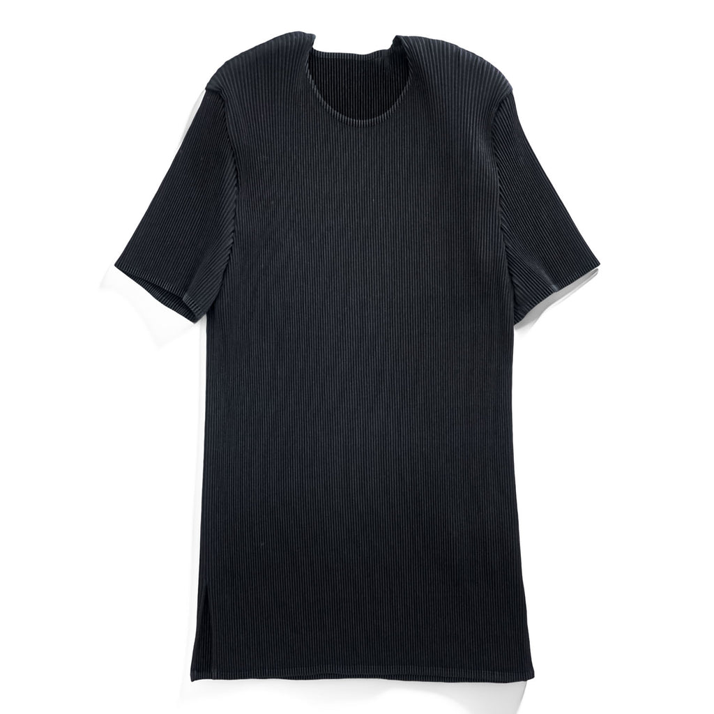 ISSEY MIYAKE FETE 日本製 プリーツ 半袖 カットソー Tシャツ M サイドスリット ブラック ラウンドネック IF62FJ491