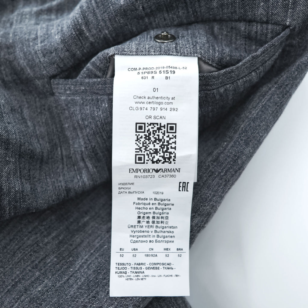 EMPORIO ARMANI リネン イージーパンツ スリム スラックス XL グレー 麻100% ブルガリア製 未使用品 51P89S / 51S19
