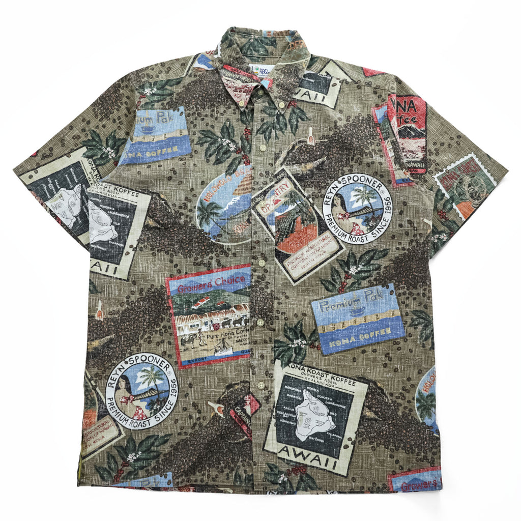 Reyn Spooner Hawaiian Traditionals Kona Coffee Print Aloha Shirt Short Sleeve Button Down Cotton Poly Vintage