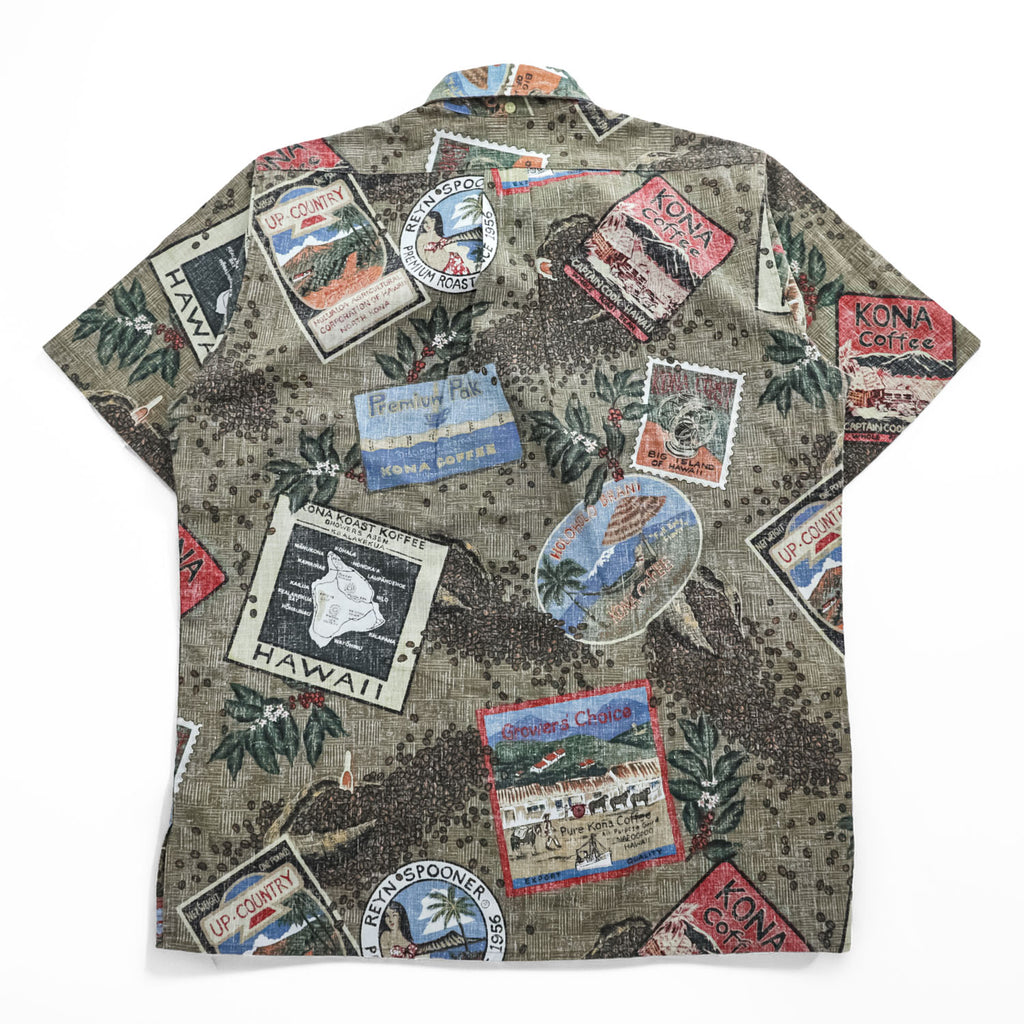Reyn Spooner Hawaiian Traditionals Kona Coffee Print Aloha Shirt Short Sleeve Button Down Cotton Poly Vintage