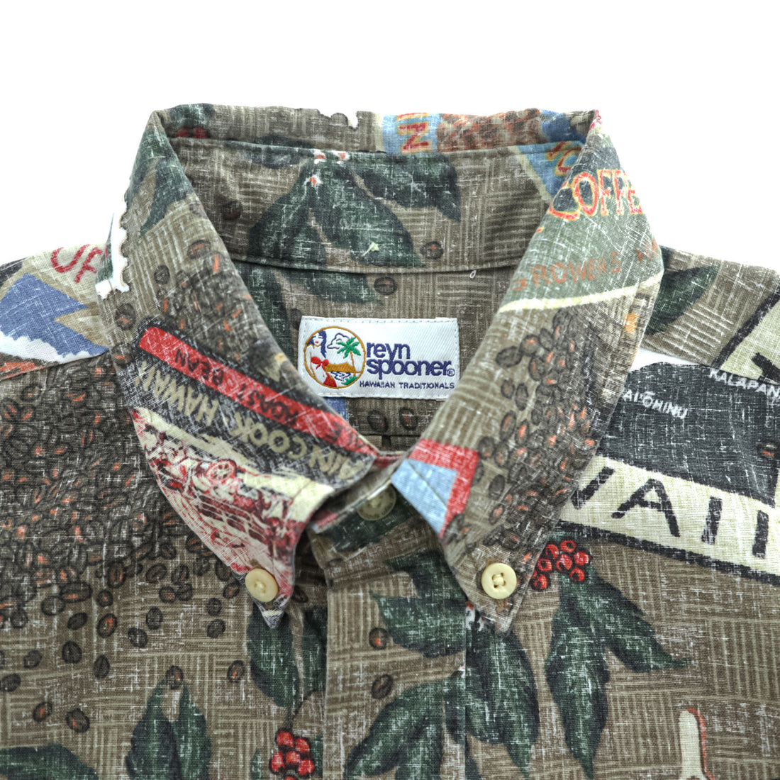 Reyn Spooner Hawaiian Traditionals Kona Coffee Print Aloha Shirt Short Sleeve Button Down Cotton Poly Vintage