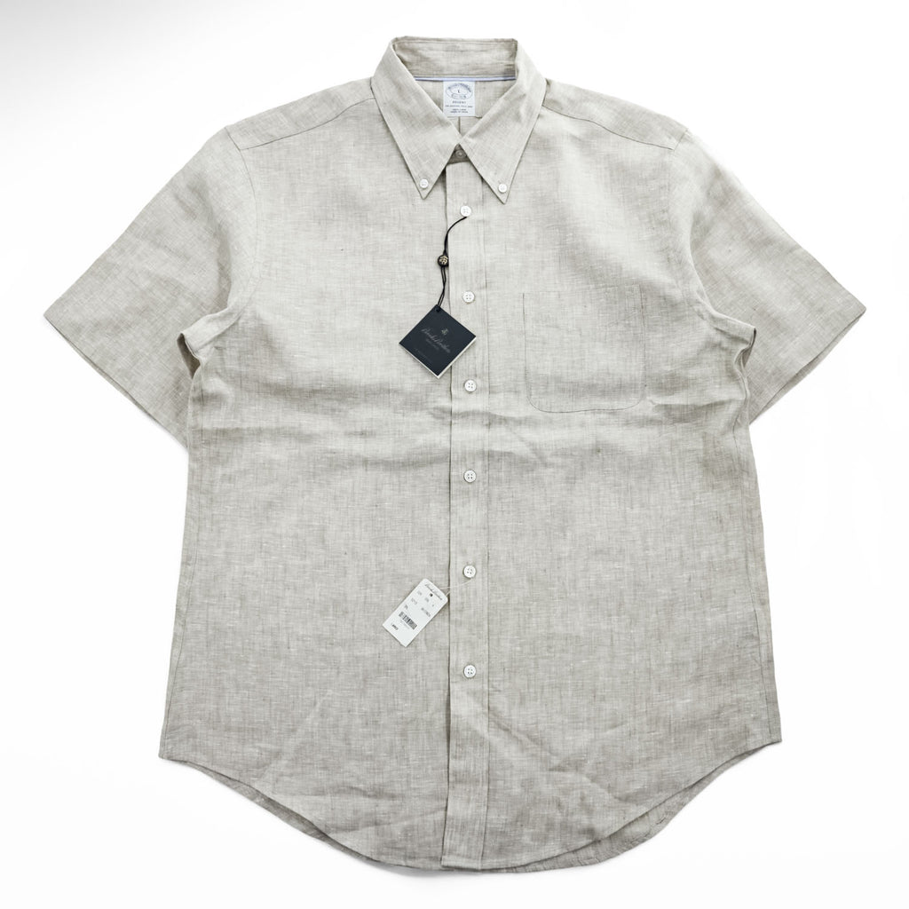 Brooks Brothers リネン 半袖シャツ L ベージュ 麻100% REGENT BAIRD McNUTT IRISH LINEN 未使用品 ボタンダウン