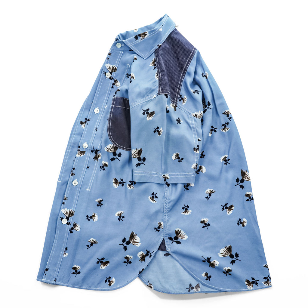 JUNYA WATANABE MAN COMME des GARCONS レーヨン 半袖シャツ XS ブルー 総柄 花柄 切り替え 日本製 WS-B040