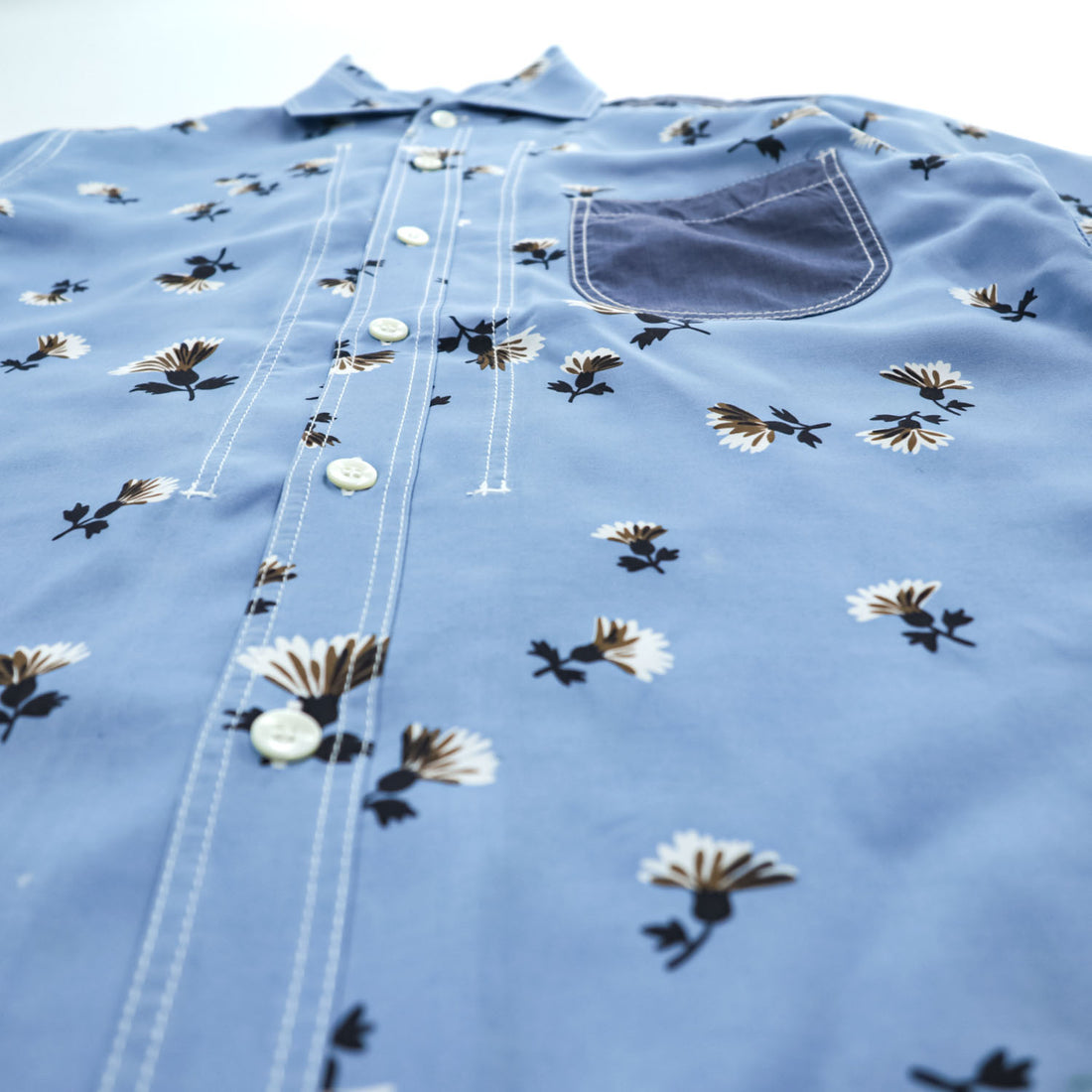 JUNYA WATANABE MAN COMME des GARCONS レーヨン 半袖シャツ XS ブルー 総柄 花柄 切り替え 日本製 WS-B040