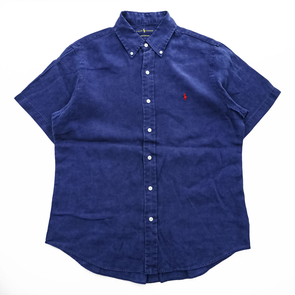 Ralph Lauren Ocean Wash Linen Short Sleeve Button Down Shirt Navy Blue Red Pony Men M