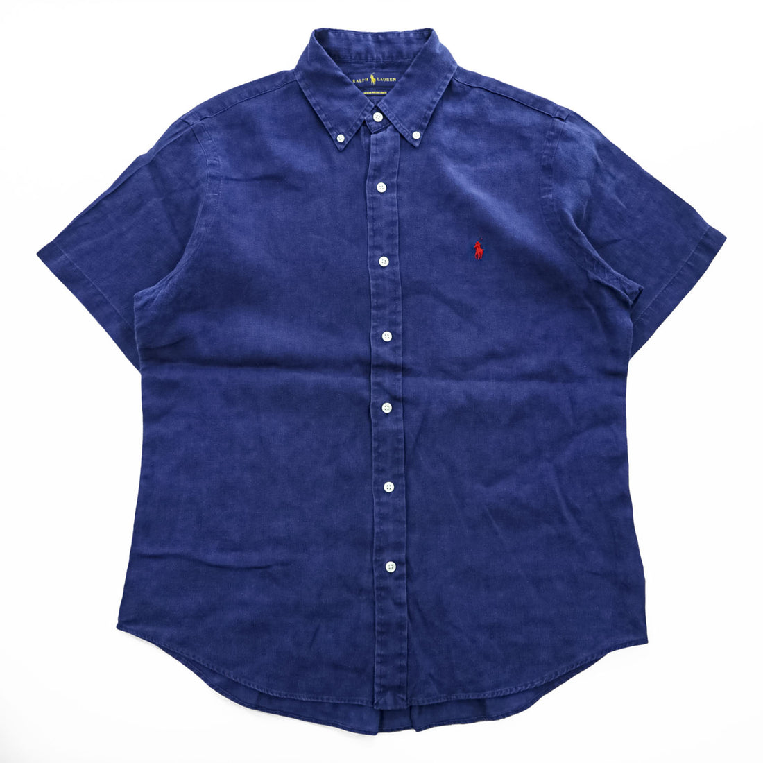 Ralph Lauren Ocean Wash Linen Short Sleeve Button Down Shirt Navy Blue Red Pony Men M