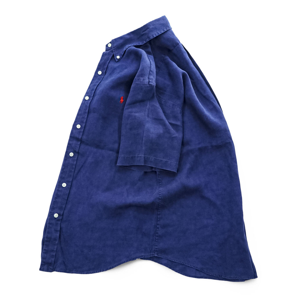 Ralph Lauren Ocean Wash Linen Short Sleeve Button Down Shirt Navy Blue Red Pony Men M