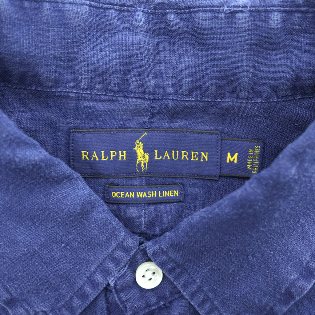 Ralph Lauren Ocean Wash Linen Short Sleeve Button Down Shirt Navy Blue Red Pony Men M