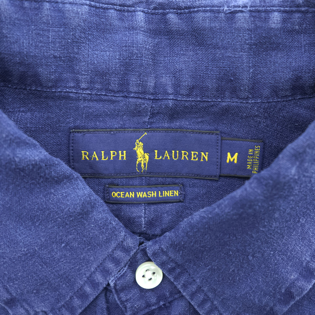 Ralph Lauren Ocean Wash Linen Short Sleeve Button Down Shirt Navy Blue Red Pony Men M