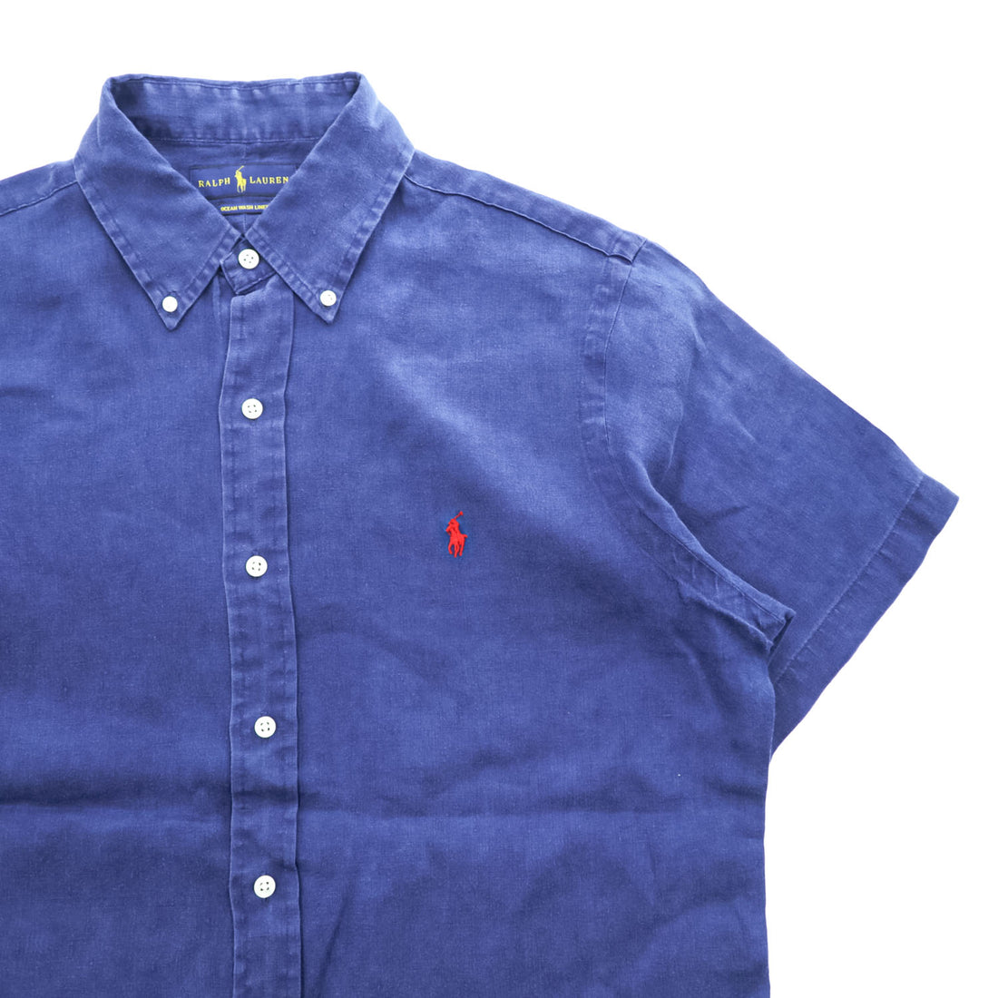 Ralph Lauren Ocean Wash Linen Short Sleeve Button Down Shirt Navy Blue Red Pony Men M