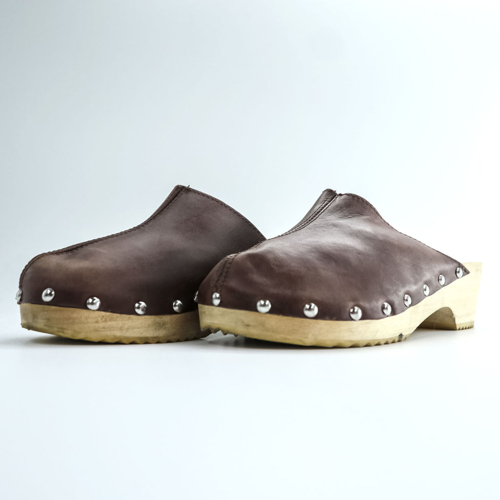 Leather Studded Clog Mules イタリア製 サボ サンダル 23cm ブラウン レザー ウッドソール スタッズ