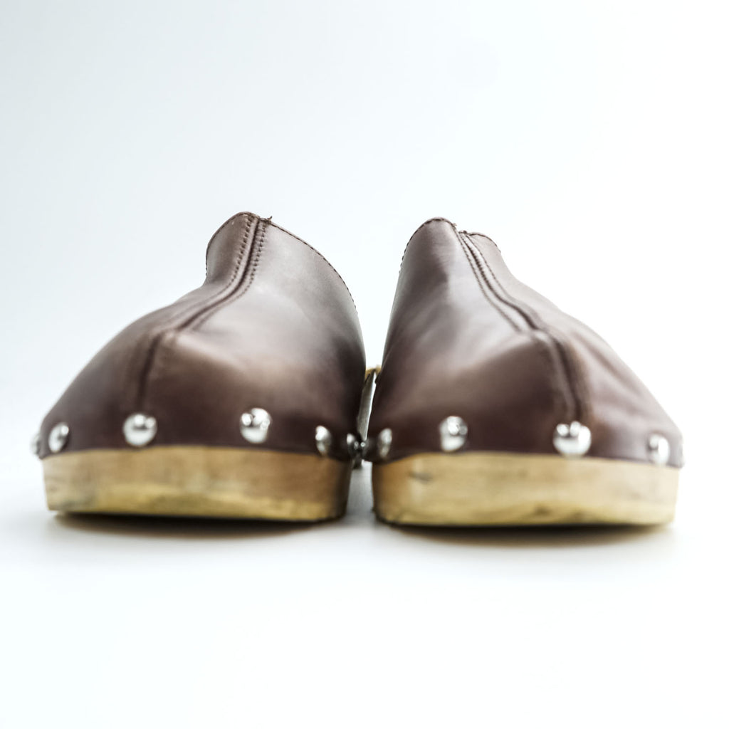 Leather Studded Clog Mules イタリア製 サボ サンダル 23cm ブラウン レザー ウッドソール スタッズ